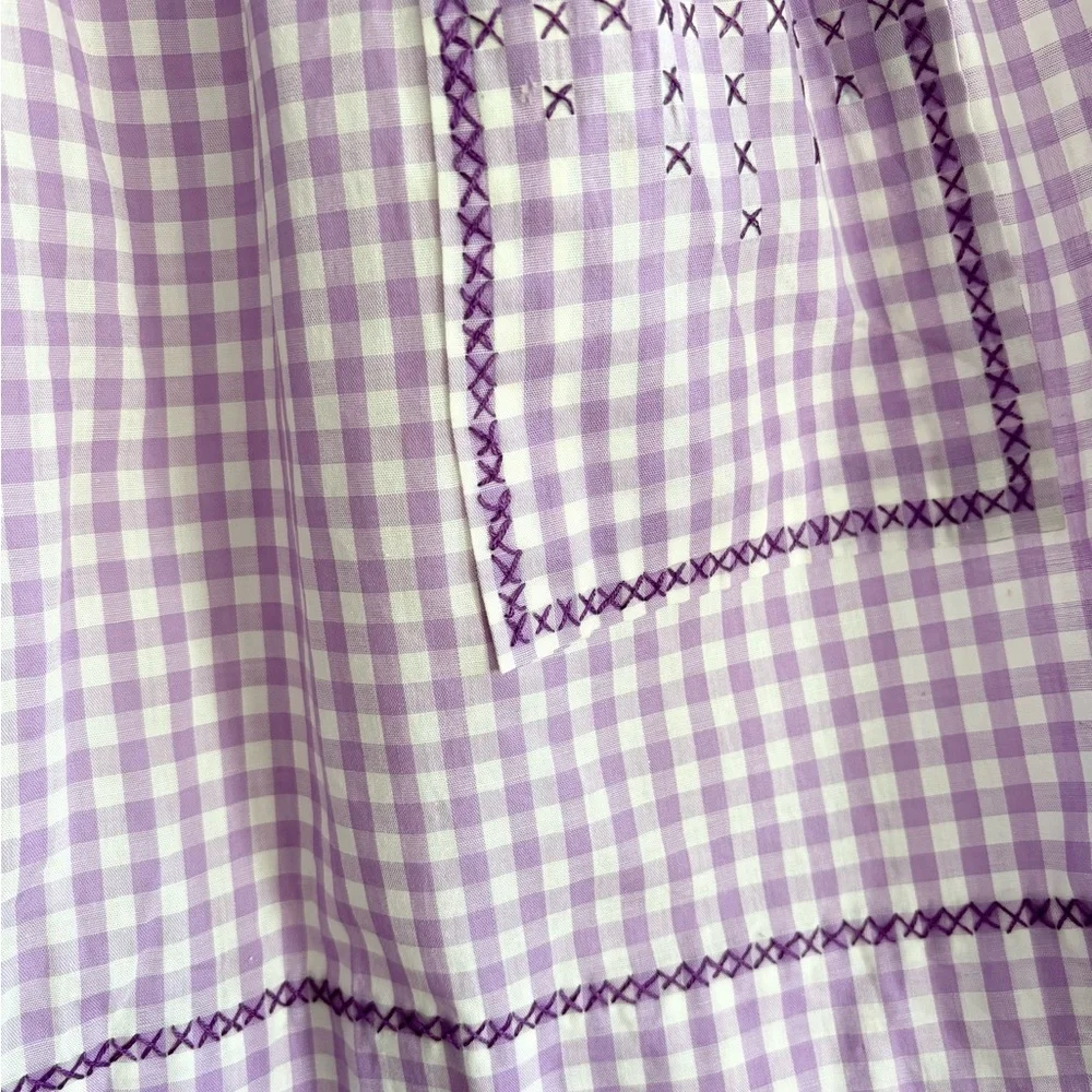 Vintage Handmade Apron Purple Gingham Tie Back , Pocket Cross Stitch Detailing